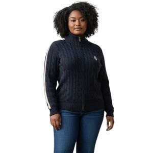 Lauren Active Women's Navy Cable Knit RLL Logo Crest Zip Up Sweater Size Large